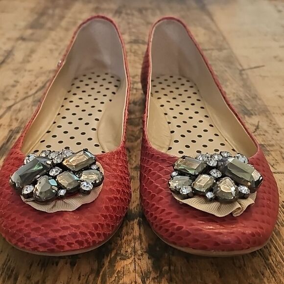 CRISTÓFOLI Red Snakeskin-Embossed Leather Ballet Flat Size 9 Rhinestone Toe - Picture 3 of 9
